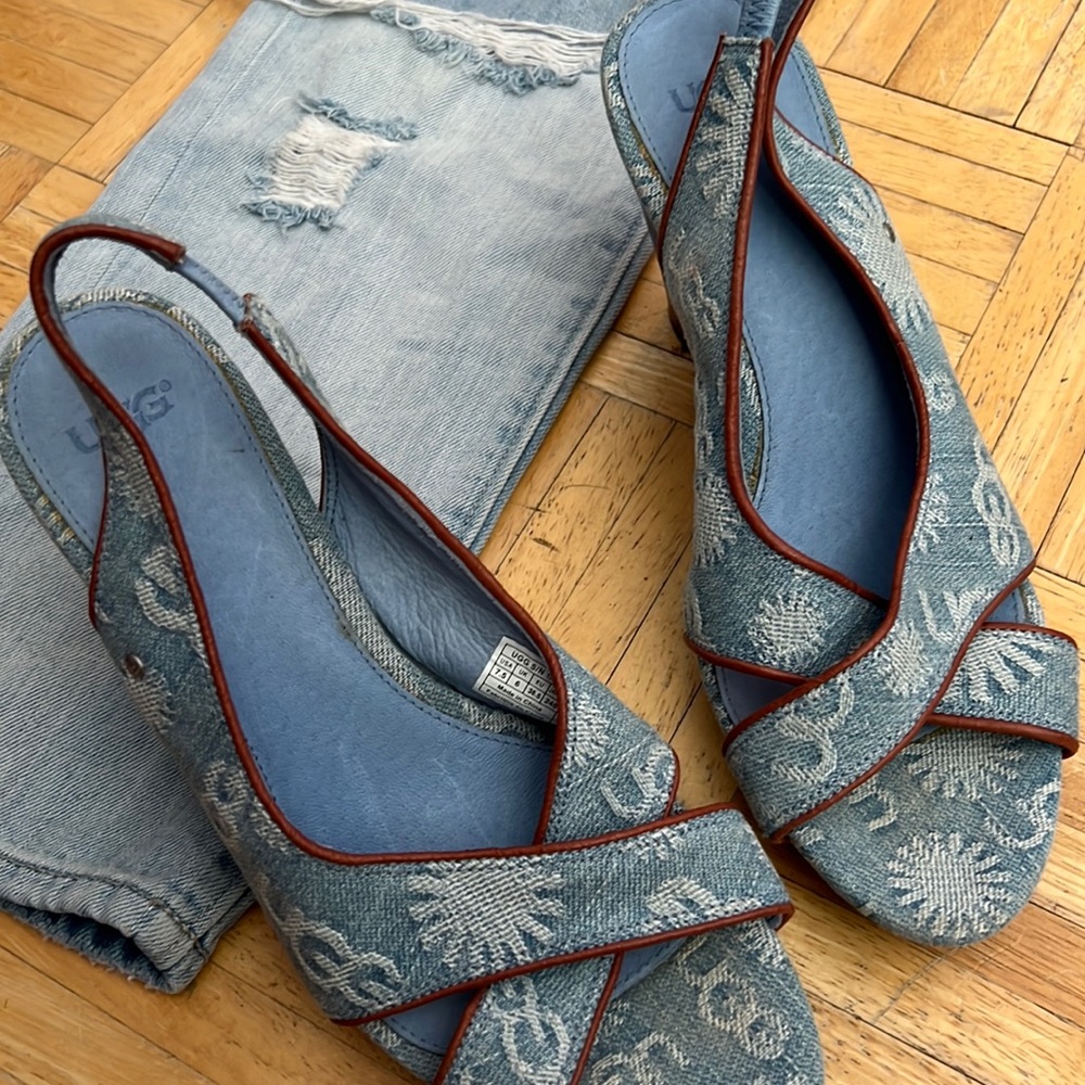 Ugg wooden clog some with denim upper cross, open toe- never worn but no tags